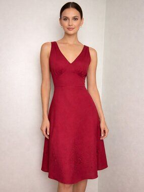 Ann Taylor Red Fit Flare Midi Sleeveless V Neck Dress Sz 2 Eyelet Embroidery